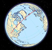 Possible line of meteors (on the modern globe) associated with the Middle Ordovician meteor event 467.5+-0.28 million years ago. Although this is suggestive of a single large meteorite shower, the exact alignment of continental plates 470 million years ago is unknown and the exact timing of meteors is also unknown. Ordovician meteor world.jpg