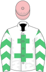 White, emerald green cross of lorraine, emerald green and white chevrons on sleeves, pink cap