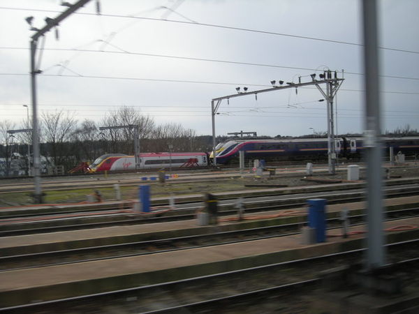 Virgin Trains Pendolino stock, together with then-stored Adelante units, at the depot.