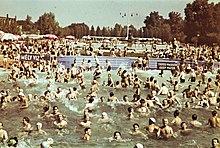 Europeans from various countries relaxing in the wave pool in Budapest in 1939. Palatinus Strandfurdo. Fortepan 78086.jpg
