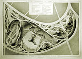 Map of Parc des Buttes Chaumont 1867, built according to plans by Adolphe Alphand Parc des Buttes Chaumont Alphand 1867.jpg