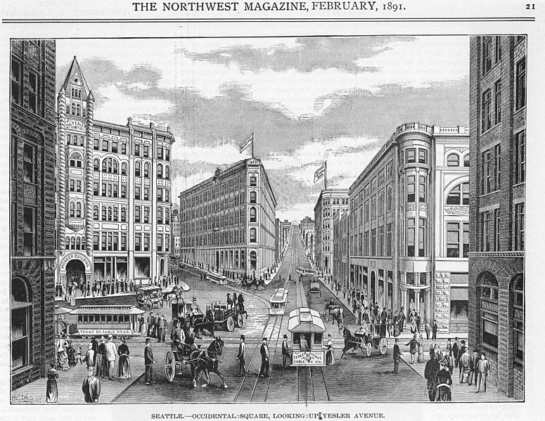 File:Pioneer Square looking east on Yesler Way, artist's rendition, 1891 (SEATTLE 3074).jpg