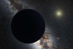 Planet Nine depicted as a dark sphere distant from the Sun with the Milky Way in the background.