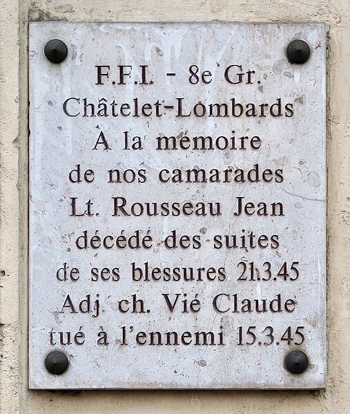 File:Plaque Jean Rousseau, Claude Vié, 3 boulevard de Sébastopol, Paris 1er.jpg