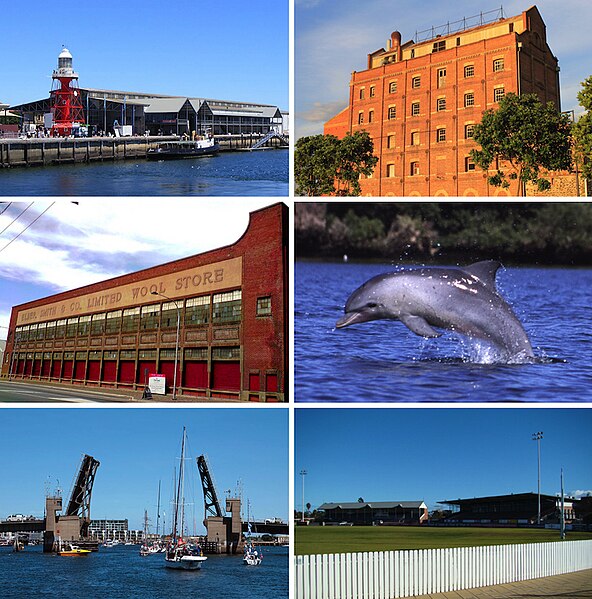 Clockwise, from top: Port Adelaide Lighthouse and Fishermen's Wharf Market, Hart's Mill, Port River Dolphin, Alberton Oval, Birkenhead Bridge, Wool St