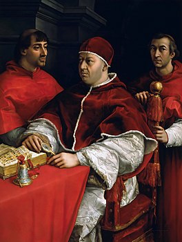 Portrait of Pope Leo X and his cousins, cardinals Giulio de' Medici and Luigi de' Rossi (by Raphael).jpg