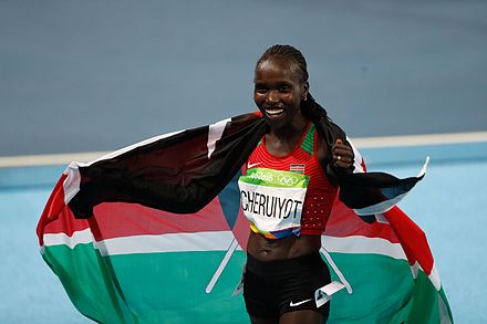 Vivian Cheruiyot celebrating Kenya's first 5000 m women's title