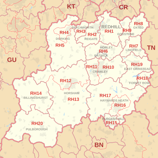 RH postcode area map, showing postcode districts in red and post towns in grey text, with links to nearby BN, CR, GU, KT and TN postcode areas. RH postcode area map.svg