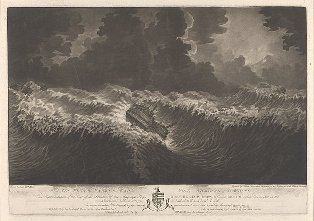 Representation of the Distressed Situation of His Majesty's Ships Ruby, Hector, Berwick and Bristol when Dismasted in the Great Hurricane, 6 October 1