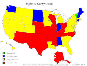 Mapa států USA zobrazující vývoj vydávání povolení ke skrytému nošení od roku 1986, včetně barevné legendy