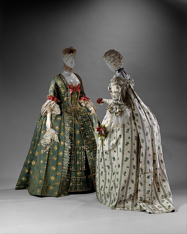 Two robes à la Française, front and back views, 1750-75 (MET)