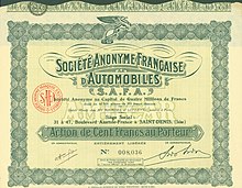 Share of the S. A. Francaise d'Automobiles, issued 29 December 1932 S. A. Francaise d'Automobiles 1932.jpg