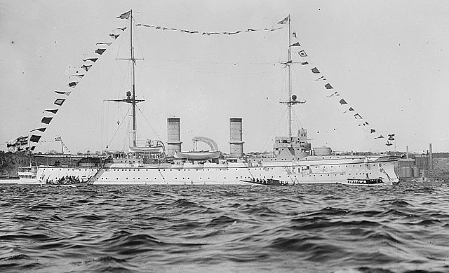 SMS Hertha with only two funnels as a training ship after her time in China