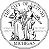 Light blue seal with two women, "THE CITY OF DETROIT", "MICHIGAN", and the city motto in Latin