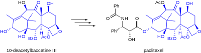 Semisynthesis of paclitaxel. Installation of the necessary side chain and acetyl group of paclitaxel by a short series of steps, starting from isolated 10-deacetylbaccatine III. Semisynthese taxol.svg