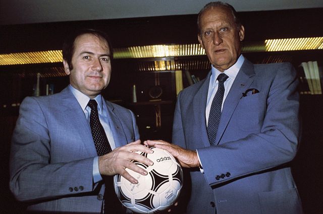 Blatter (left) with João Havelange, President of FIFA (April 1982).