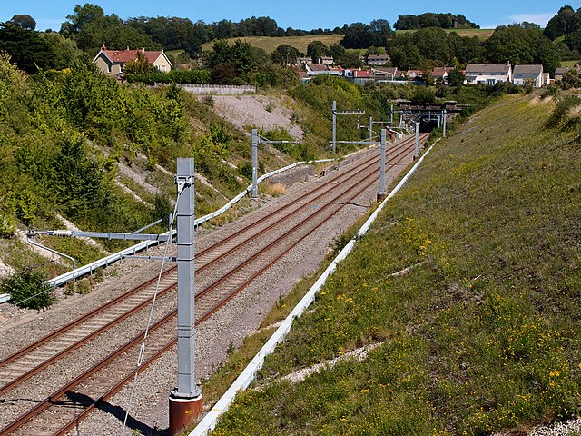 The entrance to the Chipping Sodbury Tunnel with the newly electrified overhead line equipment
