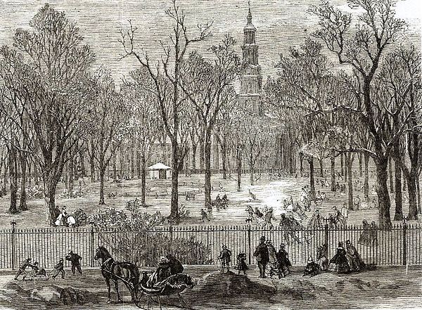 A print of St. John's Park in the winter of 1866, the year it was sold to be replaced by a railroad freight depot. St. John's Chapel can be seen in th