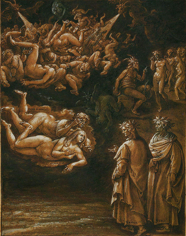 A sepia illustration of bodies held aloft in wind, a couple in the foreground addressing Dante