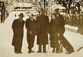 Bose, INC president-elect, center, in Bad Gastein, Austria, December 1937, with (left to right) A. C. N. Nambiar (Bose's second-in-command, Berlin, 1941–1945), Heidi Fulop-Miller, Schenkl, and Amiya Bose.