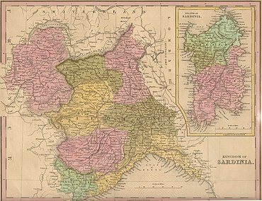 Savoy was part of the Kingdom of Sardinia (map of 1839, with Savoy at the top left in pink) TannerMapKingdomSardinia1839.jpg