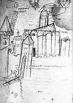 Klønete svart-hvitt skisse av en middelalderby med flere tårn og en stor kirke synlig