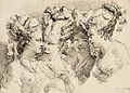 Heads of Five Young Women with Elaborate Coiffures, pen and brown ink on paper