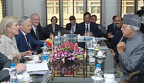 Farooq Abdullah meets with Princess Astrid of Belgium in 2013 in New Delhi. The Union Minister for New and Renewable Energy, Dr. Farooq Abdullah and Princess Astrid of Belgium, in a bilateral meeting, in New Delhi on November 25, 2013.jpg