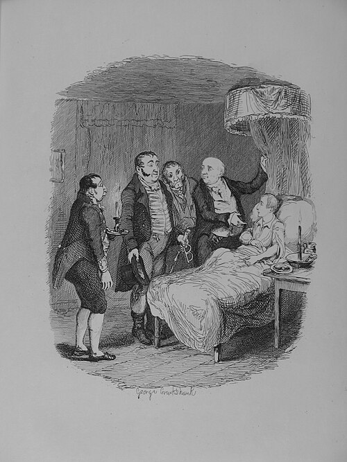 "Oliver waited on by Bow Street Runners", an engraving in The Writings of Charles Dickens, volume 4, Oliver Twist