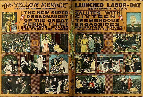 In The Yellow Menace film serial, Asian villains threaten the white heroine. (September 1916)[7]: 3 