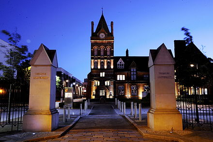 The main entrance to Teesside University, showing the Waterhouse Building clock tower