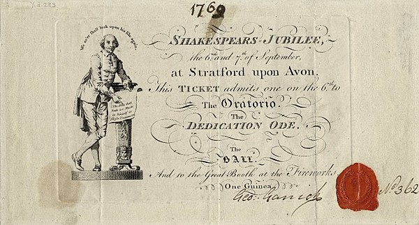 Ticket for the Shakespeare Jubilee in the Folger Shakespeare Library, Washington, D.C. Ticket to Shakespeare's Jubilee.jpg