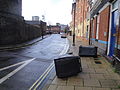 Toppled wheelie bins, in Kent Street, Portsmouth, Hampshire, seen after heavy overnight wind and rain, which caused flooding, fallen trees and damage to buildings.