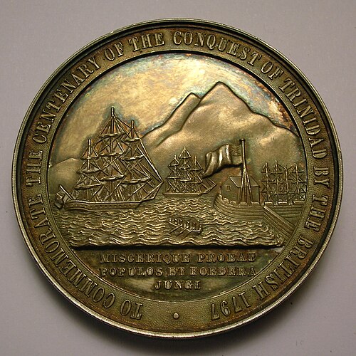 A medallion showing the capture of Trinidad and Tobago by the British in 1797.