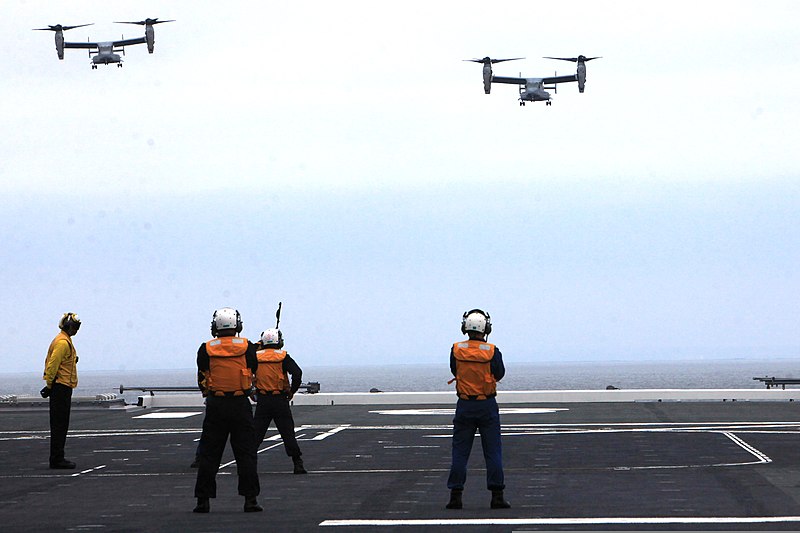 File:Two U.S. Marine Corps MV-22B Osprey tiltrotor aircraft attached to Marine Medium Tiltrotor Squadron (VMM) 161 prepare to land on the Japan Maritime Self-Defense Force helicopter destroyer JDS Hyuga (DDG 181) 130614-M-BZ222-006.jpg