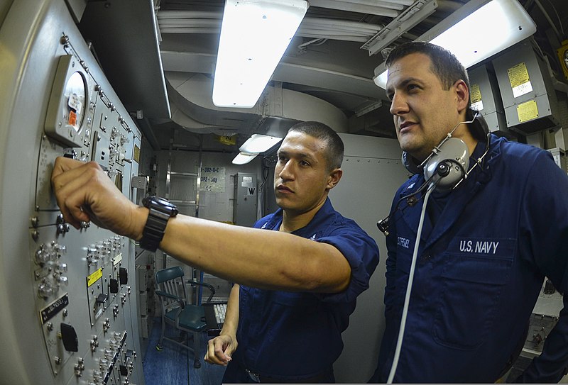 File:U.S. Navy Interior Communications Electrician 3rd Class Peter Rozo and Electronics Technician 3rd Class Jonathan Stremel operate a main interior communication switchboard aboard the guided missile cruiser USS 130513-N-QL471-110.jpg