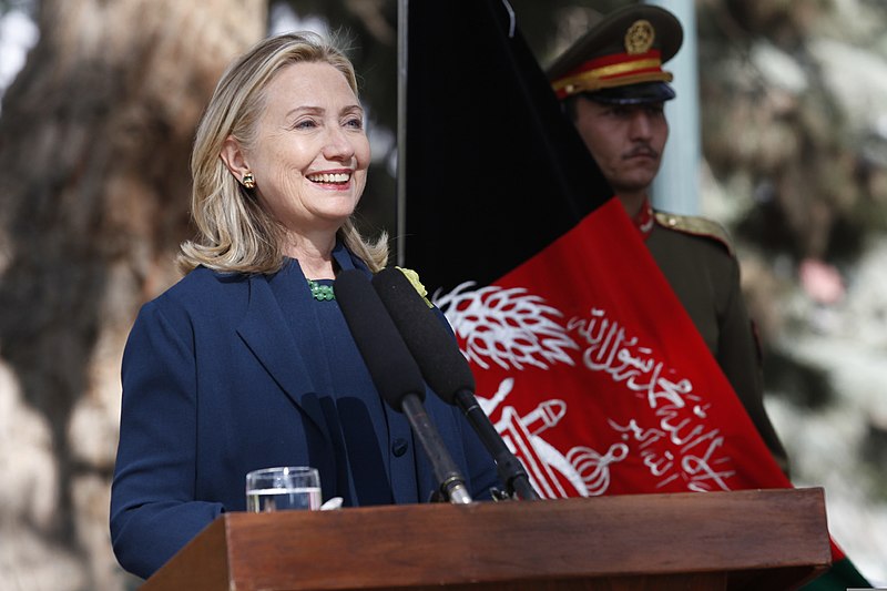 File:U.S. Secretary of State Hillary Rodham Clinton makes remarks during a press conference with Afghan President Hamid Karzai, not shown, at the Presidential Palace in Kabul, Afghanistan 111020-S-PA947-993.jpg