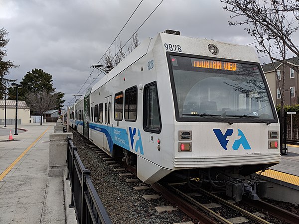 A VTA light rail vehicle at Winchester station in February 2019