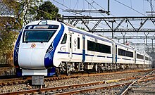 Introduced in 2019, Vande Bharat Express operating on a train-set built by ICF, is the fastest train in India Vande Bharat Express around Mumbai.jpg