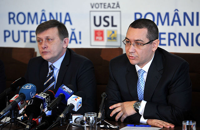 Ponta with PNL chief Crin Antonescu while the duo headed the Social Liberal Union (USL)