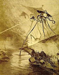 The War of the Worlds by H. G. Wells, 1897, depicts an invasion of Earth by fictional Martians. War-of-the-worlds-tripod.jpg