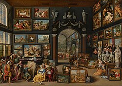 Apelles painting Campaspe, an artwork which shows people surrounded by fine art; by Willem van Haecht; c. 1630; oil on panel; height: 104.9 cm, width: 148.7 cm; Mauritshuis (The Hague, the Netherlands) Willem van Haecht (II) - Apelles painting Campaspe - 2.jpg