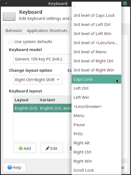 Xfce keyboard layout settings window, featuring a compose-key option