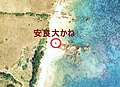 石垣島東海岸の津波石群のひとつ、安良大かね（石垣市）付近の地名入り空中写真（1977年撮影）