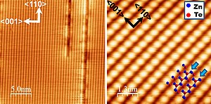 STM images of the ZnTe(110) surface, taken at different resolutions and sample rotation, together with its atomic model. ZnTe-STM2.jpg