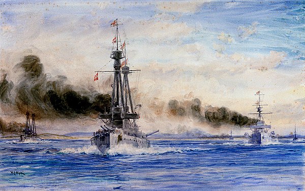 Invincible and Inflexible steaming out of Port Stanley in chase, a painting by William Lionel Wyllie