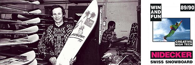 Henri Nidecker in his workshop in 1989 on the left. The marketing campaign for the same model of snowboard that year. 1989 Henri Nidecker Snowboard.jpg