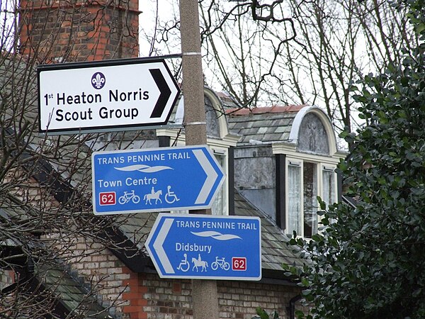 Road signs in Stockport referring to the Trail.