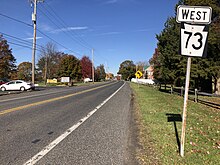 PA 73 westbound in Upper Frederick Township 2022-10-30 11 22 47 View west along Pennsylvania State Route 73 (Big Road) just west of Neiffer Road in Upper Frederick Township, Montgomery County, Pennsylvania.jpg