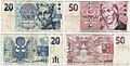 Češka narodna banka, februar 2005: Češki kralj Otokar I. na bankovcu za 20 in njegova hči sv. Neža Praška na bankovcu za 50 čeških kron.
